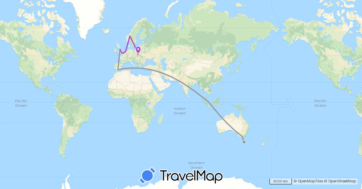 TravelMap itinerary: driving, plane, train in Australia, Spain, France, United Kingdom, Netherlands, Norway, Poland, Singapore (Asia, Europe, Oceania)